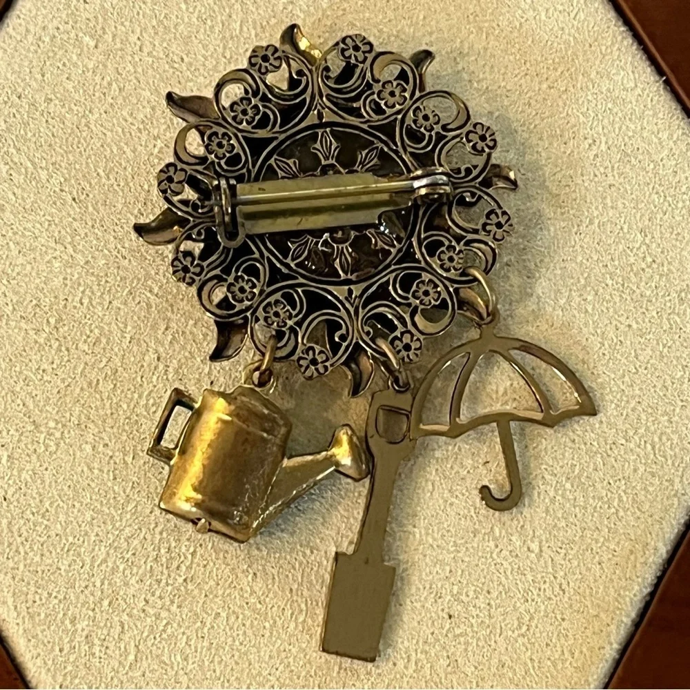 Vintage Discovery California Gold Sun Brooch with Green Watering Can